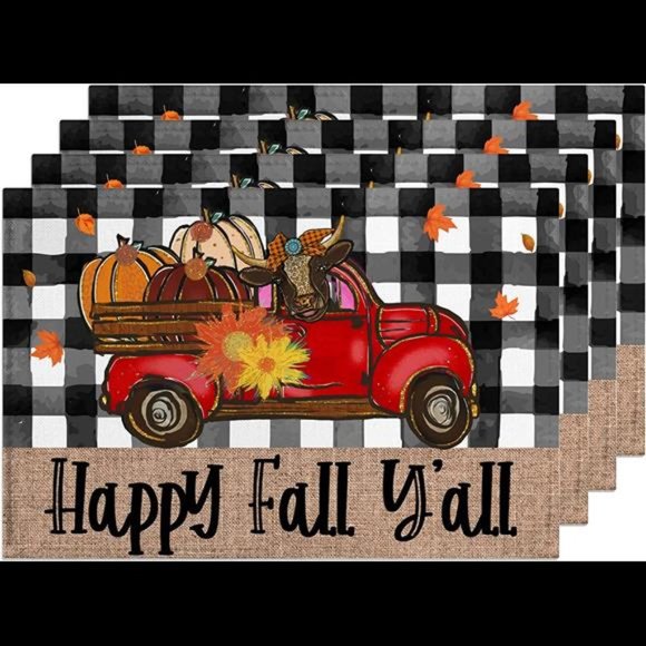 Set of 4 Fall Watercolor Buffalo Plaid Placemats Farmhouse Cow Truck Placemats - Picture 2 of 6